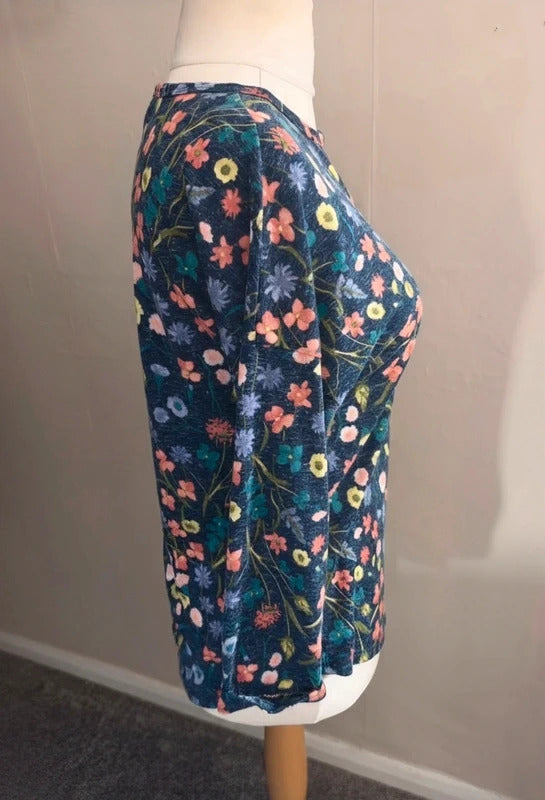 Marks & Spencer Navy Floral Lightweight Relaxed Jumper Linen Blend Size 12