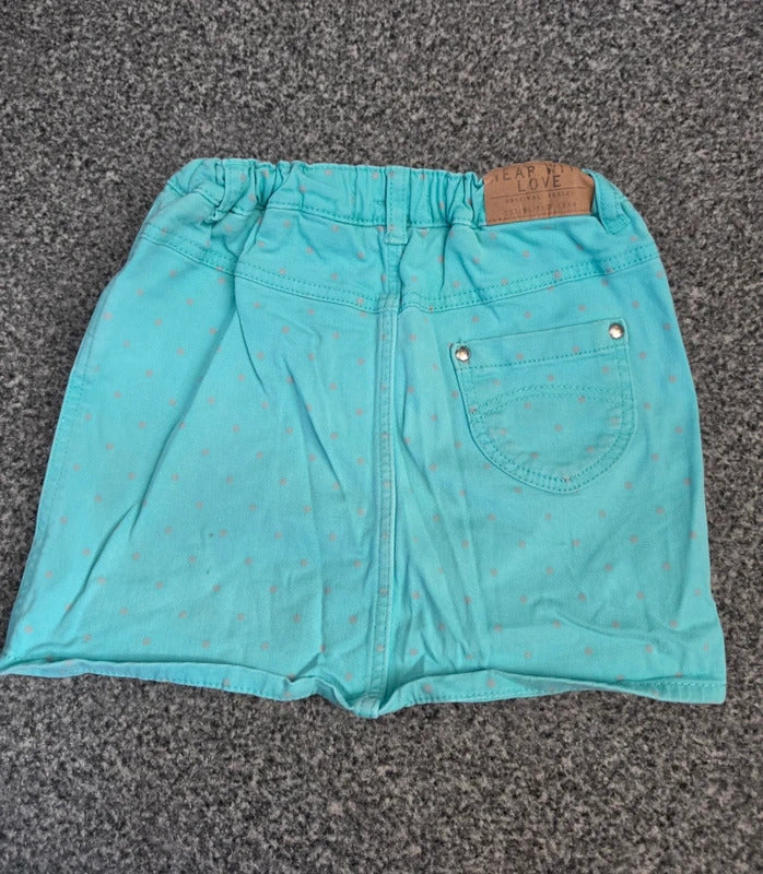 Marks & Spencer Indigo Girls Turquoise & Pink Polka Dot Denim Skirt Age 3-4 Years