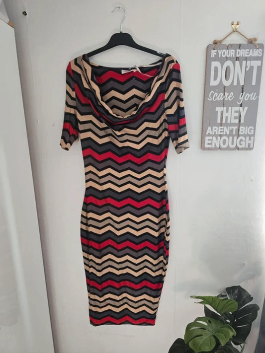 Louche Grey Red and Beige Zigzag Bodycon Maxi Dress Size 10