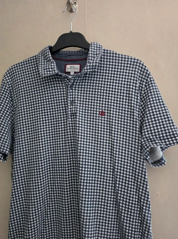 Next Men's Blue & White Gingham Checked Short-Sleeved Polo Shirt Slim Fit Size Large
