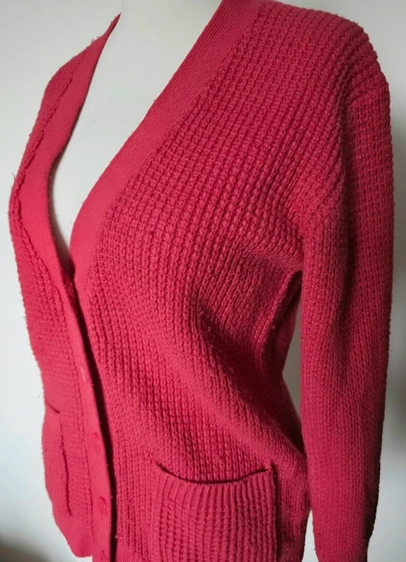 Damart Pink Red Knitted V Neck Button Cardigan Pockets Size 10-12