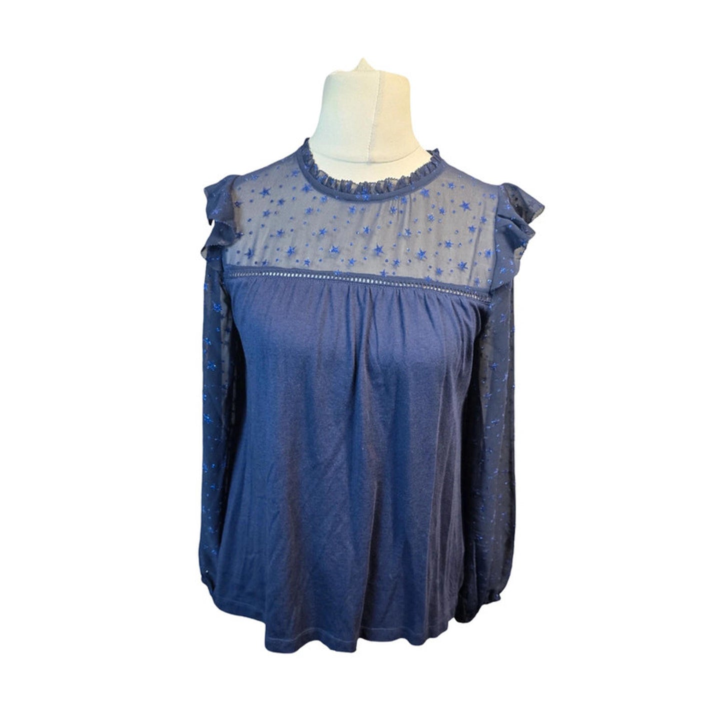 Blue sleeveless top with embroidered details on a mannequin against a white background