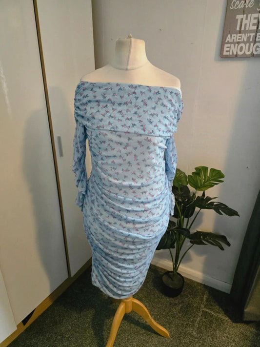 Boohoo Light Blue Floral Off The Shoulder Midi Dress Size 12