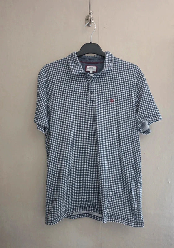 Next Men's Blue & White Gingham Checked Short-Sleeved Polo Shirt Slim Fit Size Large