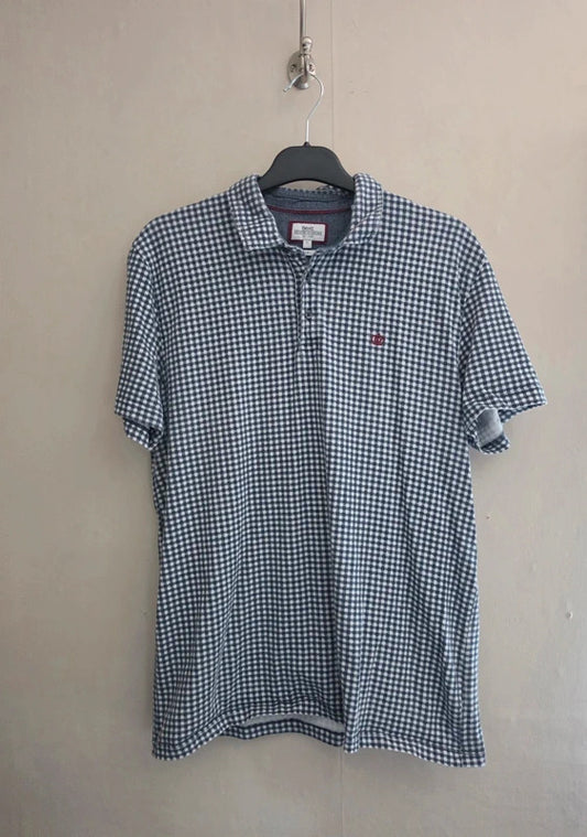 Next Men's Blue & White Gingham Checked Short-Sleeved Polo Shirt Slim Fit Size Large