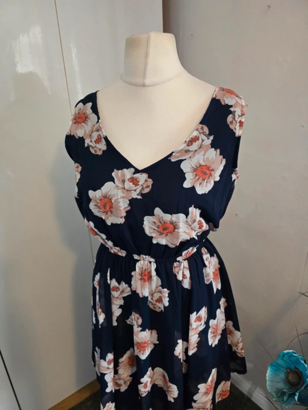 Apricot Navy Floral Asymmetric Midi Dress Size 12 Sleeveless High Low Hem