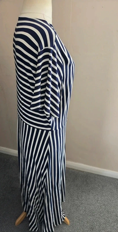 Oasis Navy & White Striped V-Neck Button Front Midi-Maxi Dress XL Size 16-18
