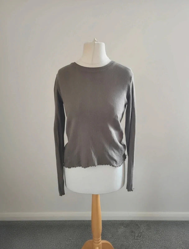 Pieces Brown Ribbed Long Sleeve Top XS Size 8-10 Cotton Lettuce Hem Casual T-Shirt