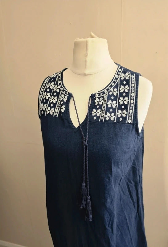 Gap Navy Embroidered Linen Blend Tunic Dress Size S Petite Size 8–10
