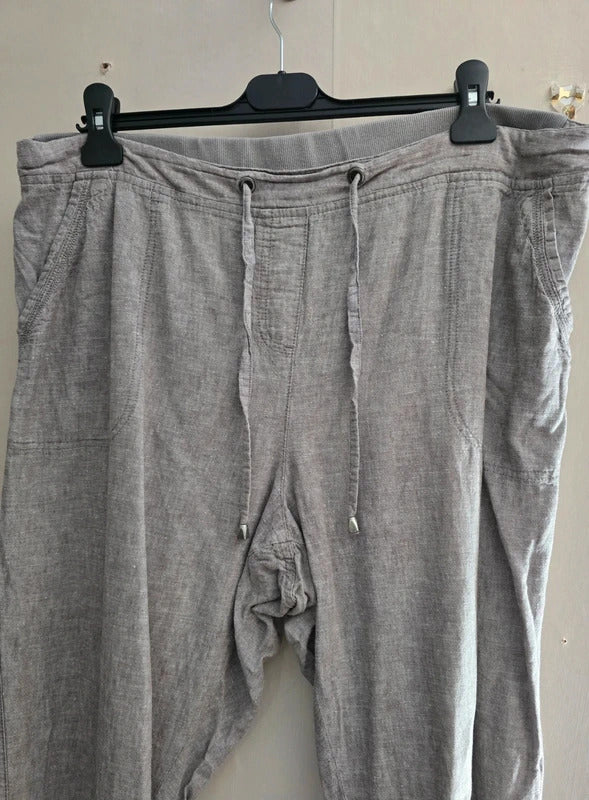 BM Casual Light Grey High Waisted Linen Blend Cropped Trousers Size 18