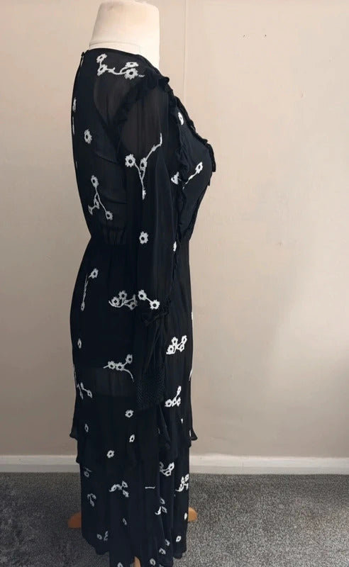 River Island Black & White Floral Frill Sheer Detail Midi Dress Size 8