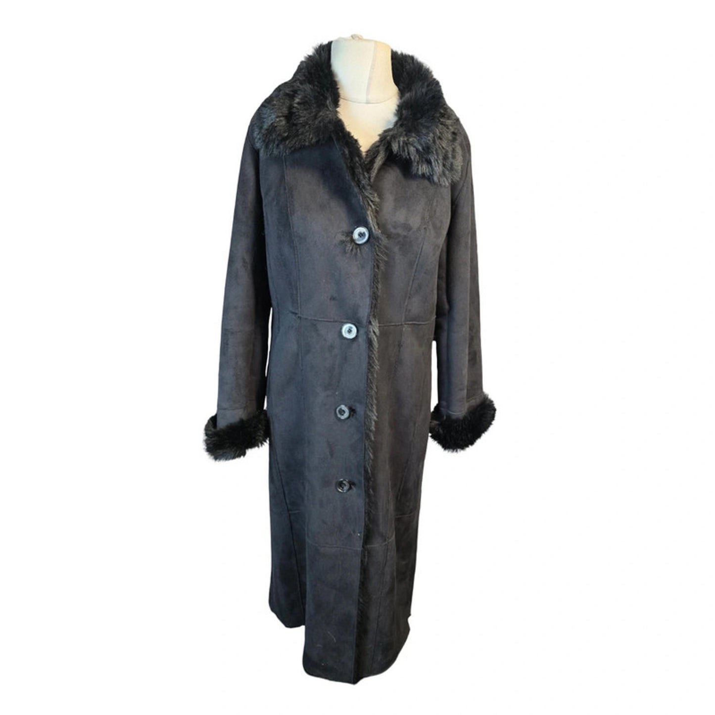 Dennis by Dennis Basso Long Winter Coat Black Size M Faux Fur Trim NEW