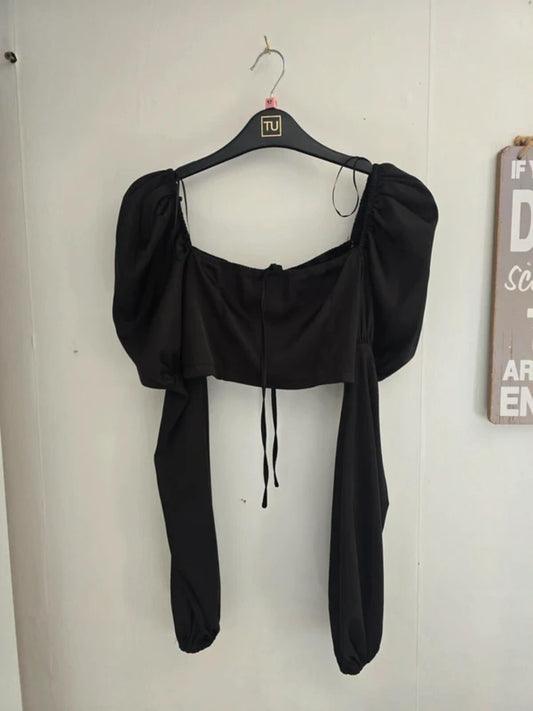 Boohoo Black Satin Style Cropped Puff Sleeve Top - Size 8