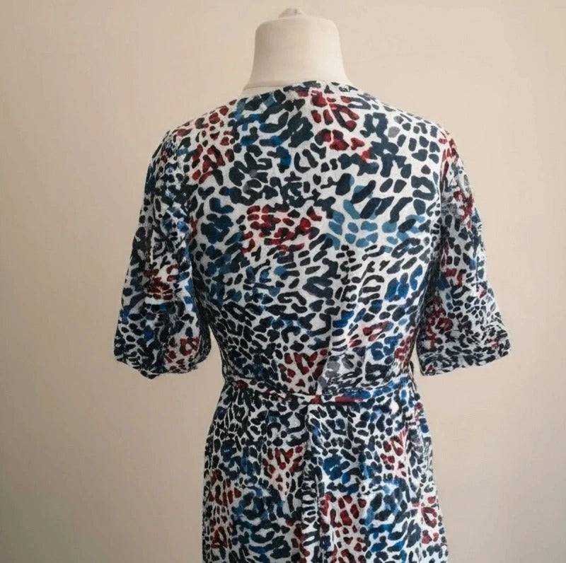 Next Multicoloured Animal Print Midi Wrap Dress with Puff Sleeves Size 12