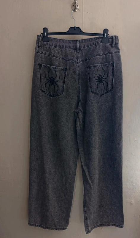 ROMWE Grey High Waisted Flared Jeans Spider Design – Size L (UK Size 12–14)