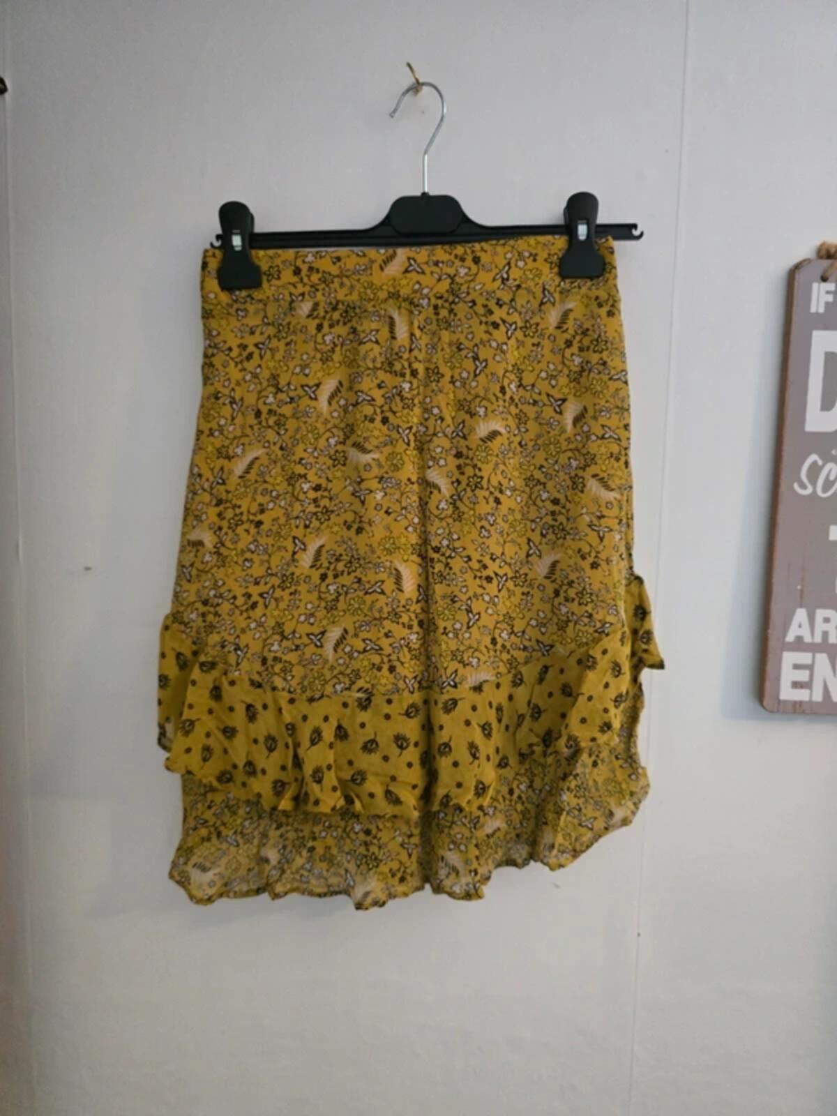 M&S Yellow & Black Floral Layered Mini Skirt Size 10 Lined Frill Hem Boho