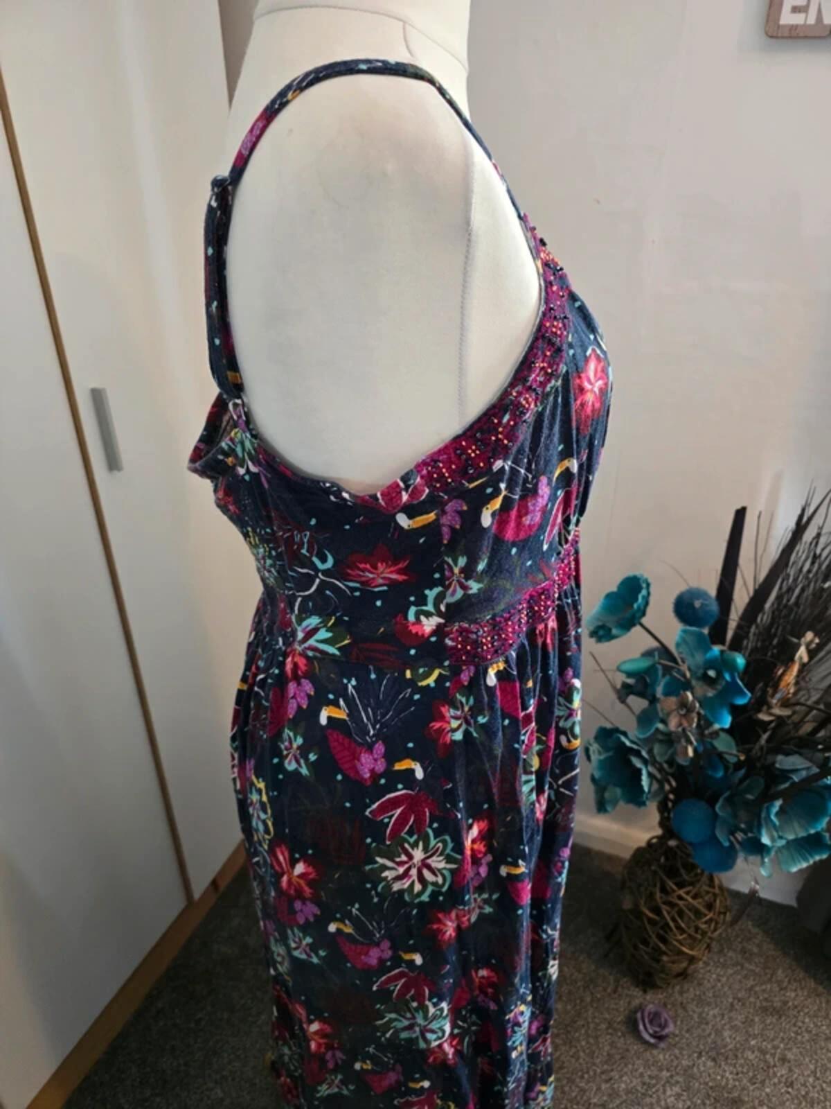 Manterey Multicoloured Floral Bird Cotton Embellished Dress Size 18