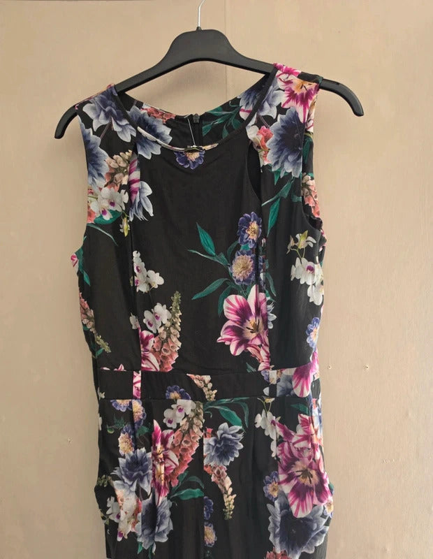 Wallis Black Multicoloured Floral Cut-Out Sleeveless Jumpsuit Size 10