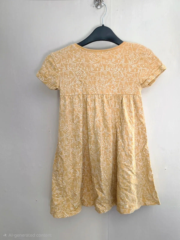 Next Girls Ochre Yellow & White Cat Print Short Sleeve Jersey Dress Age 4-5 Years