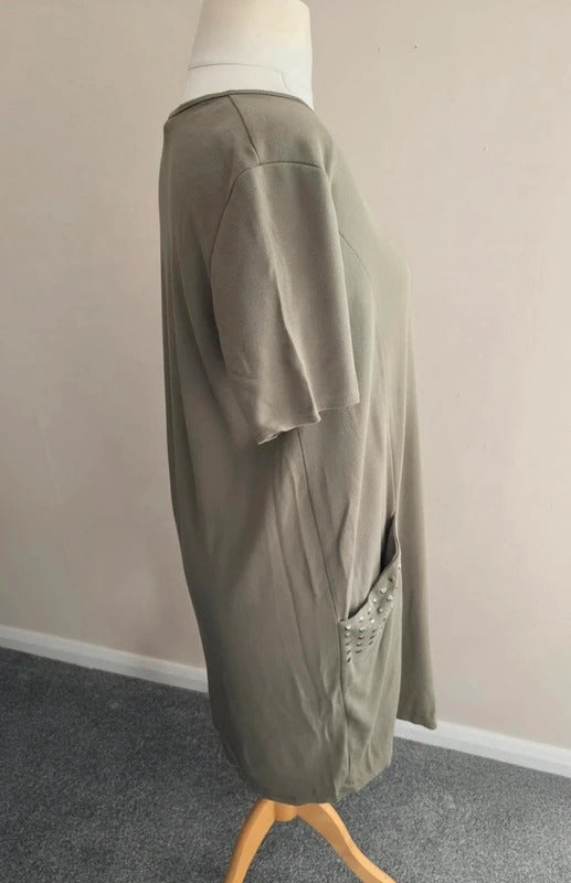 Roman Women's Khaki Green Studded Pocket Short-Sleeved Midi Dress Size 16