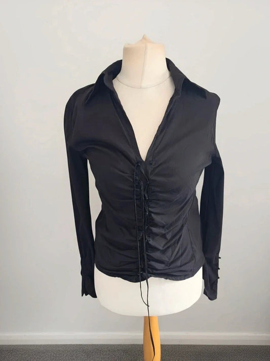 Vintage Next Y2K Black Ruched Corset Style Blouse Long Sleeve