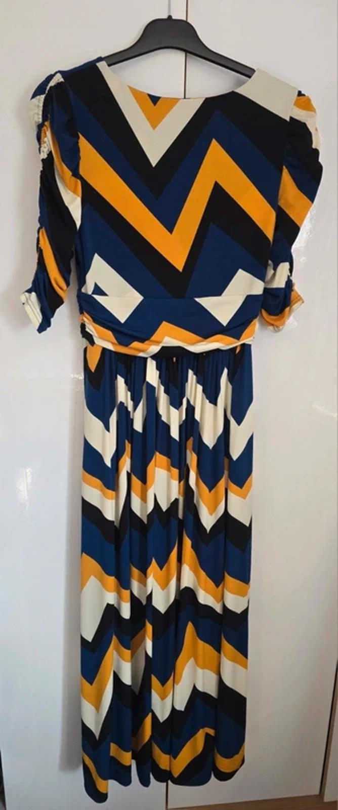 Jolie Moi blue black cream & orange patterned midi long dress 3/4 sleeves 10 NWT