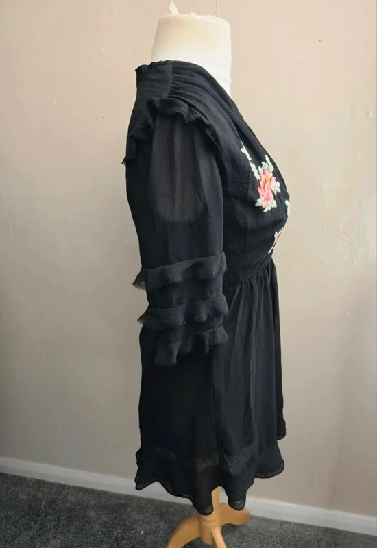 Topshop Black Embroidered Floral Frilly Flared Dress Size 10