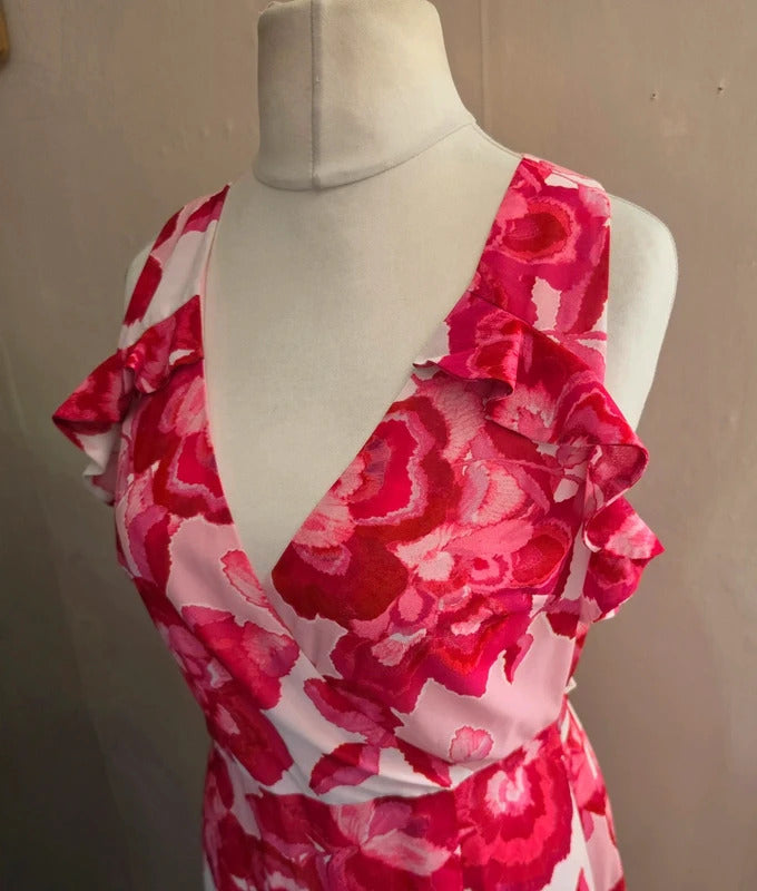 Boohoo W Collection Pink Floral Belted V-Neck Flared Maxi Dress Size 10