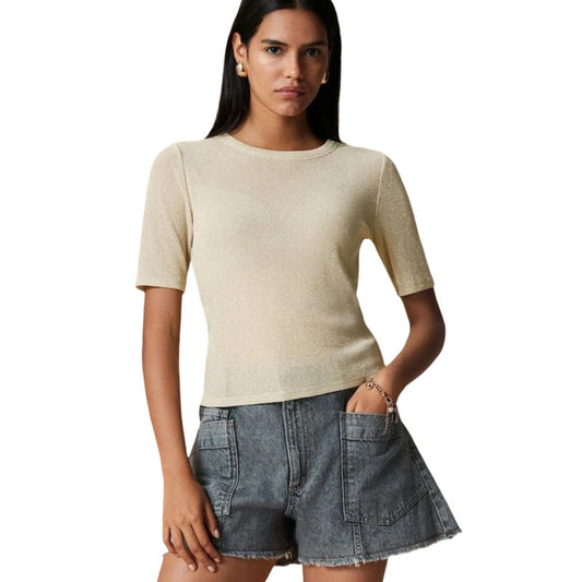 Next Gold Glitter Knit Top Size 12 Short Sleeve Round Neck New