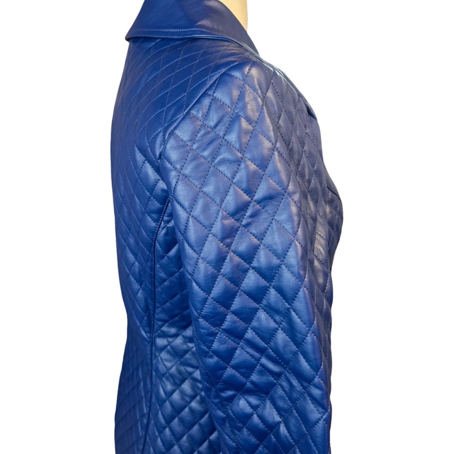 Dennis Basso Quilted Faux Leather Jacket Blue Size 8/10 Mid Length Zip Up