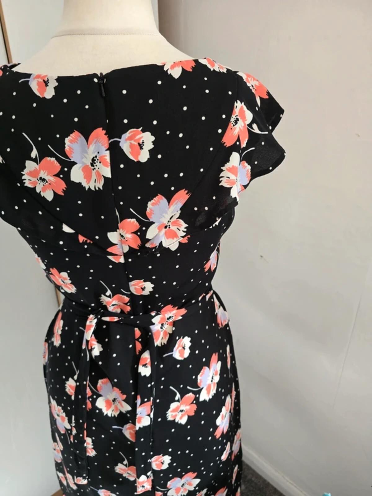 Roman Black Floral & Polka Dot Flared Midi Dress Size 10
