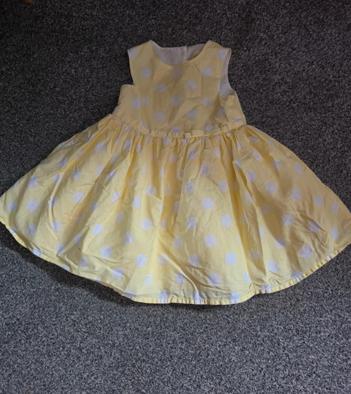 Primark Baby Girls Pastel Yellow & White Polka Dot Lined Sleeveless Dress 9-12 Months