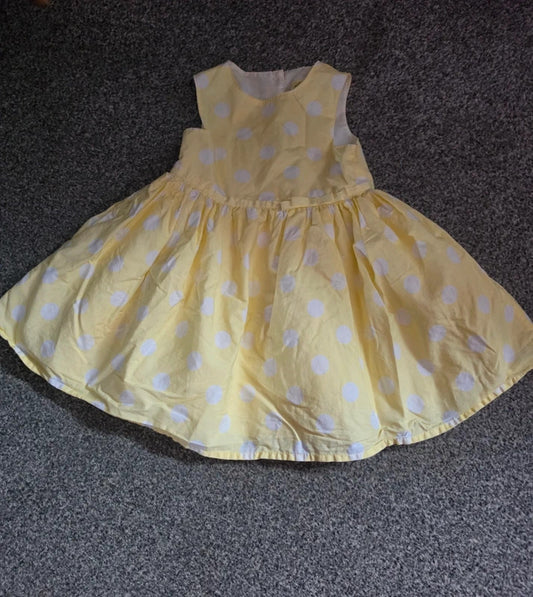 Primark Baby Girls Pastel Yellow & White Polka Dot Lined Sleeveless Dress 9-12 Months