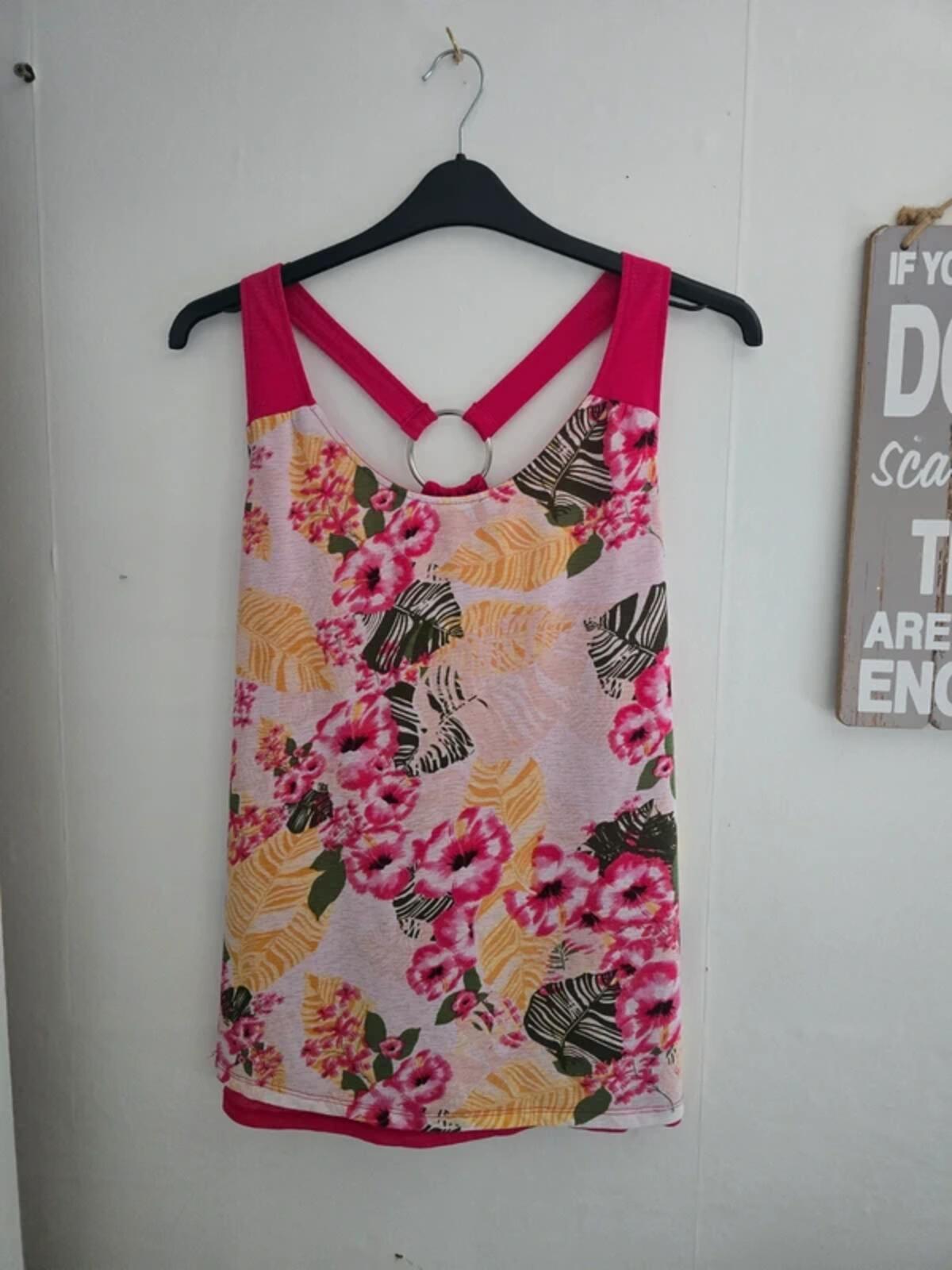 Avon Pink Multicoloured Floral Layered Metal Ring Detail Vest Top Size 14-16