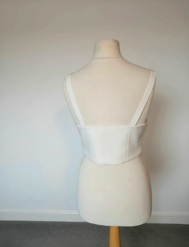 River Island White Cropped Cami Top Beaded Pearl Detail Size 10