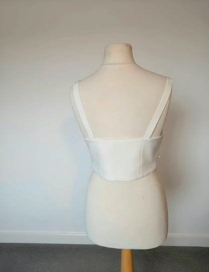 River Island White Cropped Cami Top Beaded Pearl Detail Size 10