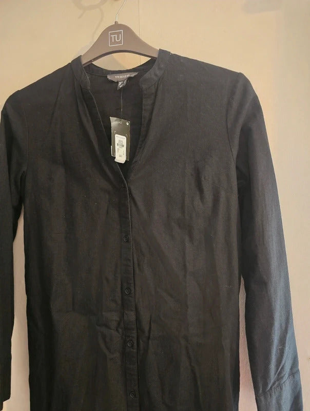 Primark Black Collarless Button Down Long Sleeve Midi Shirt Dress Size 6 NWT
