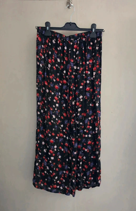 Miss Selfridge Black, Red & Purple Floral Wide-Leg Flared Trousers Size 10
