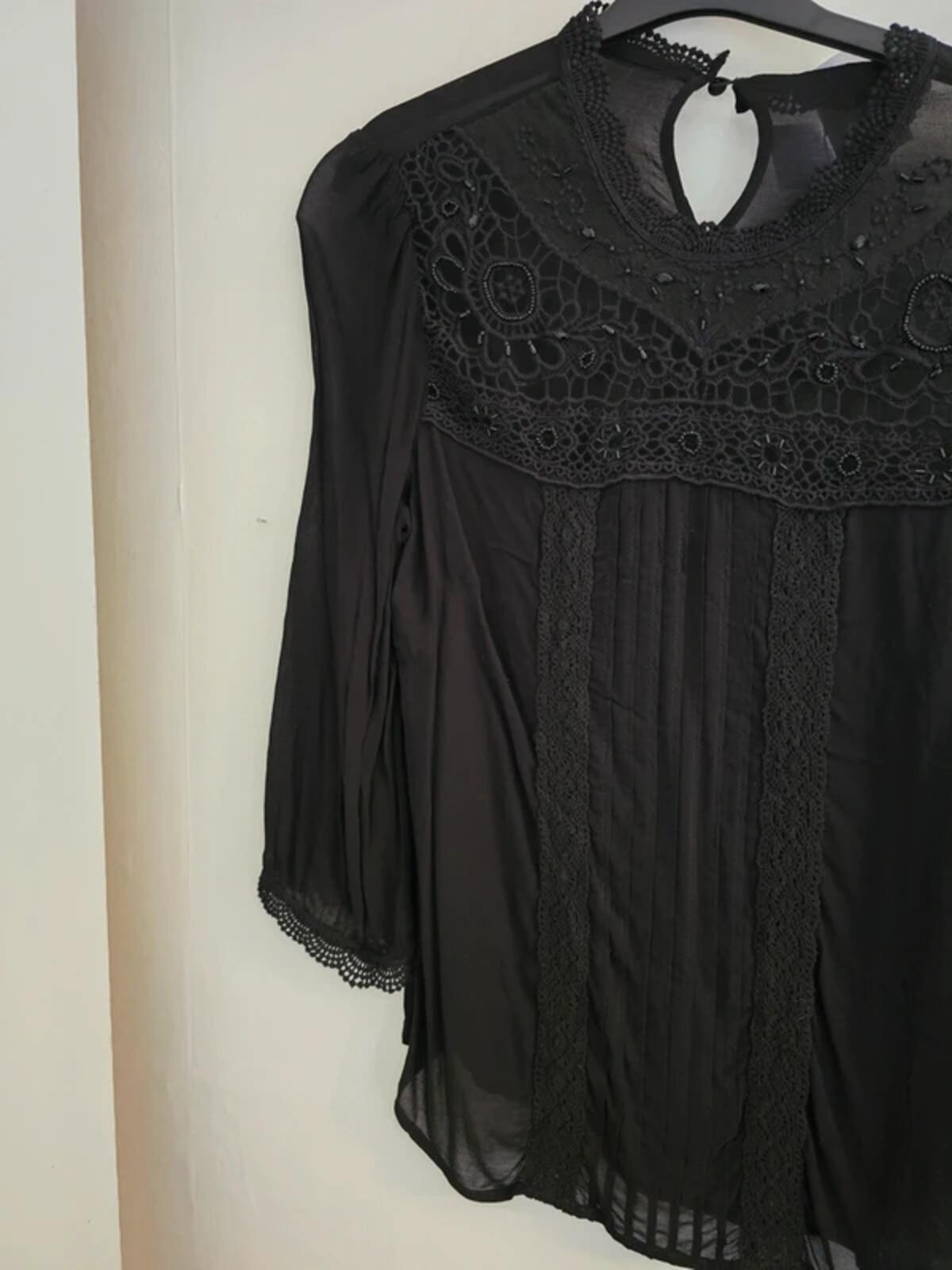 Monsoon Black Beaded High Neck Blouse Size 12 NWT