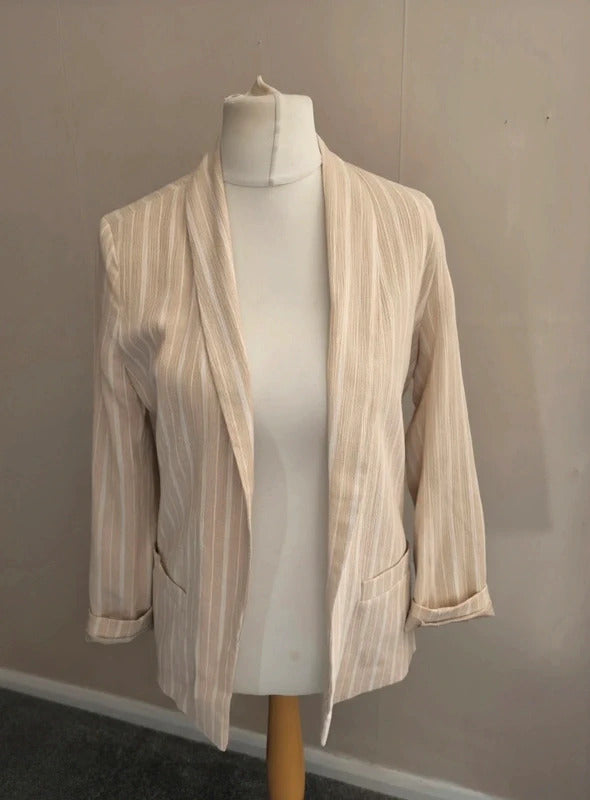 Tu Beige & White Striped Oversized Lined Open Front Blazer Size 8