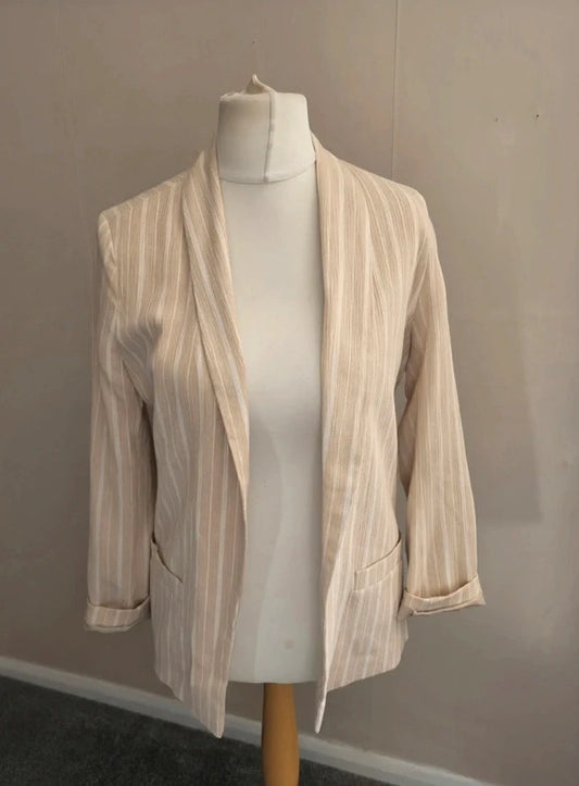 Tu Beige & White Striped Oversized Lined Open Front Blazer Size 8