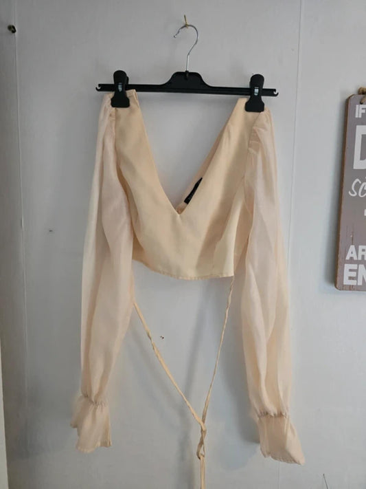 Boohoo Cream Long Sleeved Sheer Crop Top  - Size 8