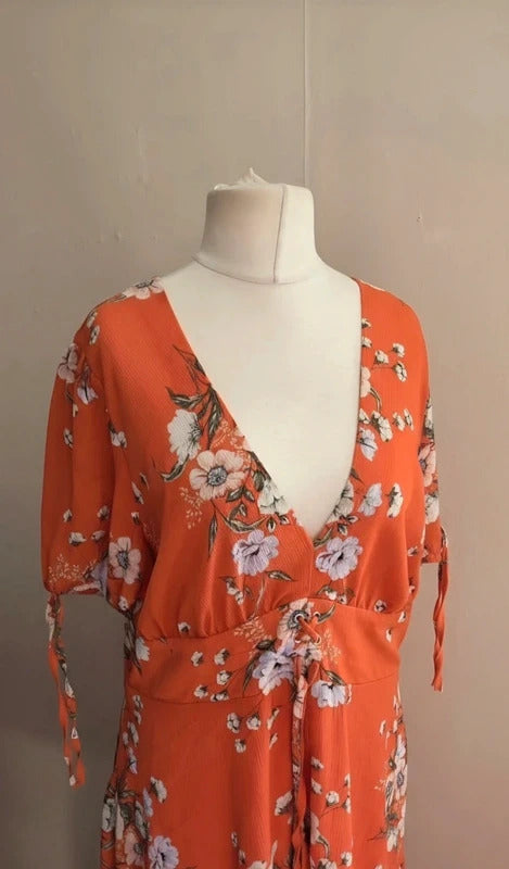 New Look Orange Floral V-Neck Corset Front Midi Dress - Size 16