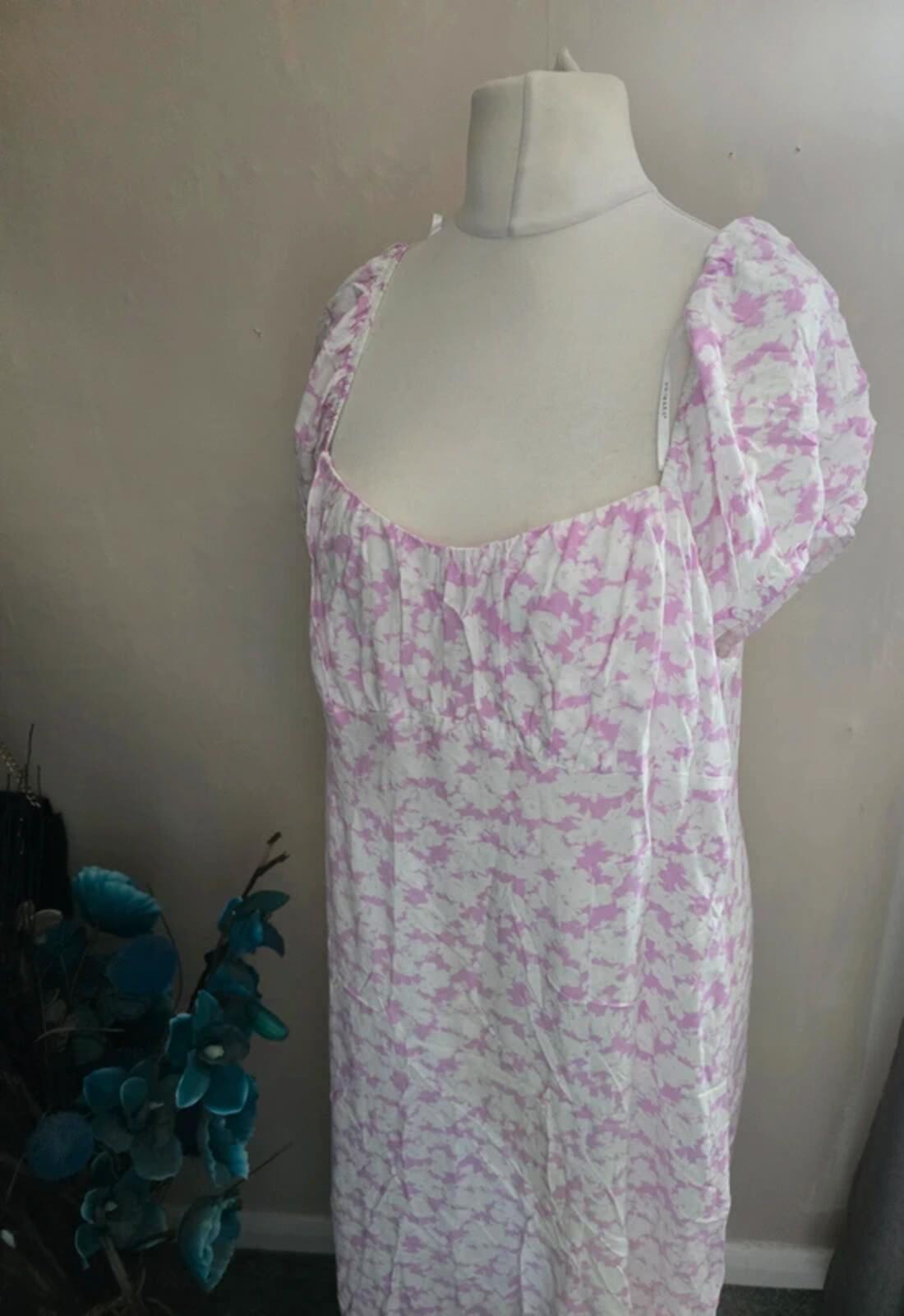 Primark Pink & White Patterned Off The Shoulder Midi Dress Front Slit Size 20