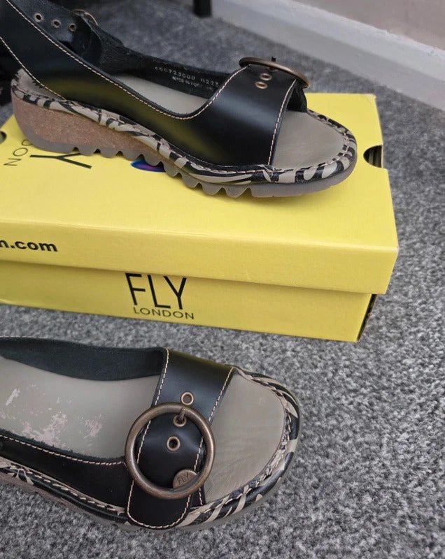 Fly London Black Grey Patterned Leather Slingback Wedge Sandals Boxed EU41 UK 7