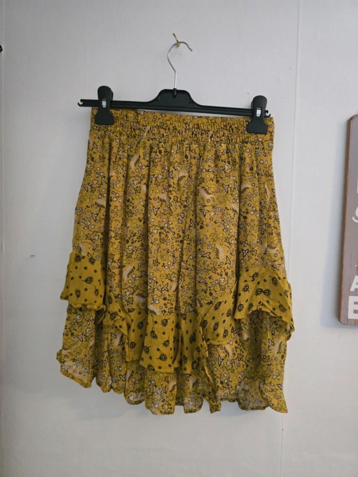 M&S Yellow & Black Floral Layered Mini Skirt Size 10 Lined Frill Hem Boho