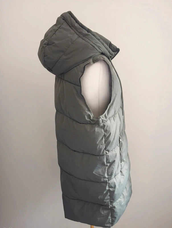 Matalan Khaki Longline Hooded Puffer Gilet Zip Up Size 16