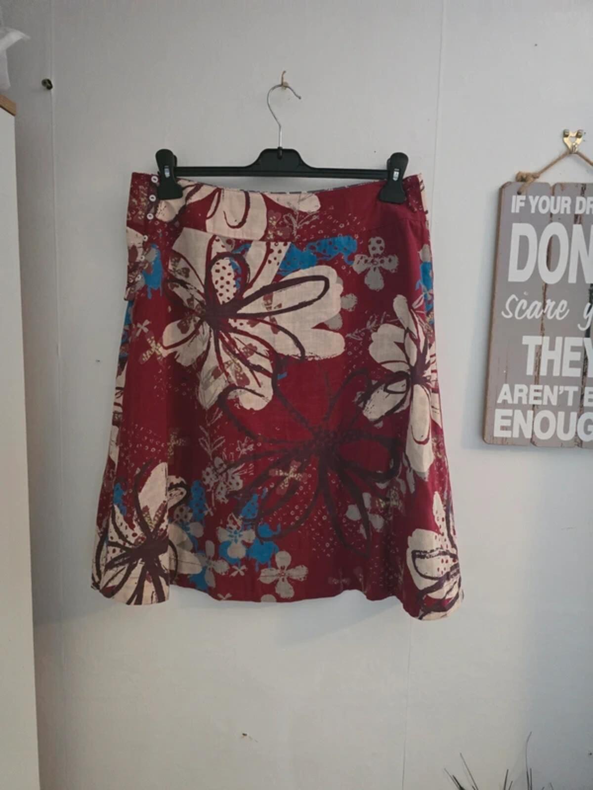 White Stuff Reversible Knee Length Skirt 10 Blue Bird Print Burgundy Floral