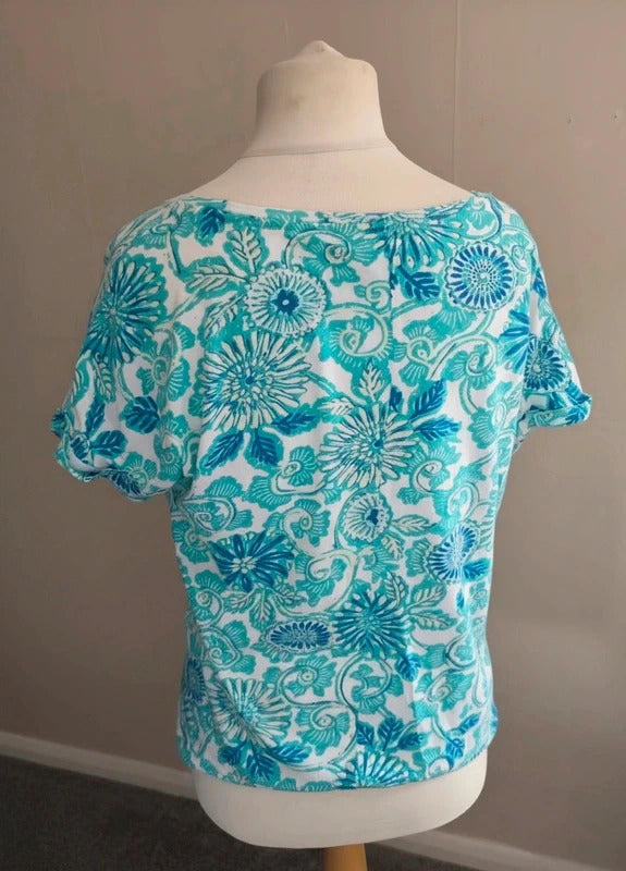 Marks & Spencer Green & White Patterned Cotton T-Shirt Size 14