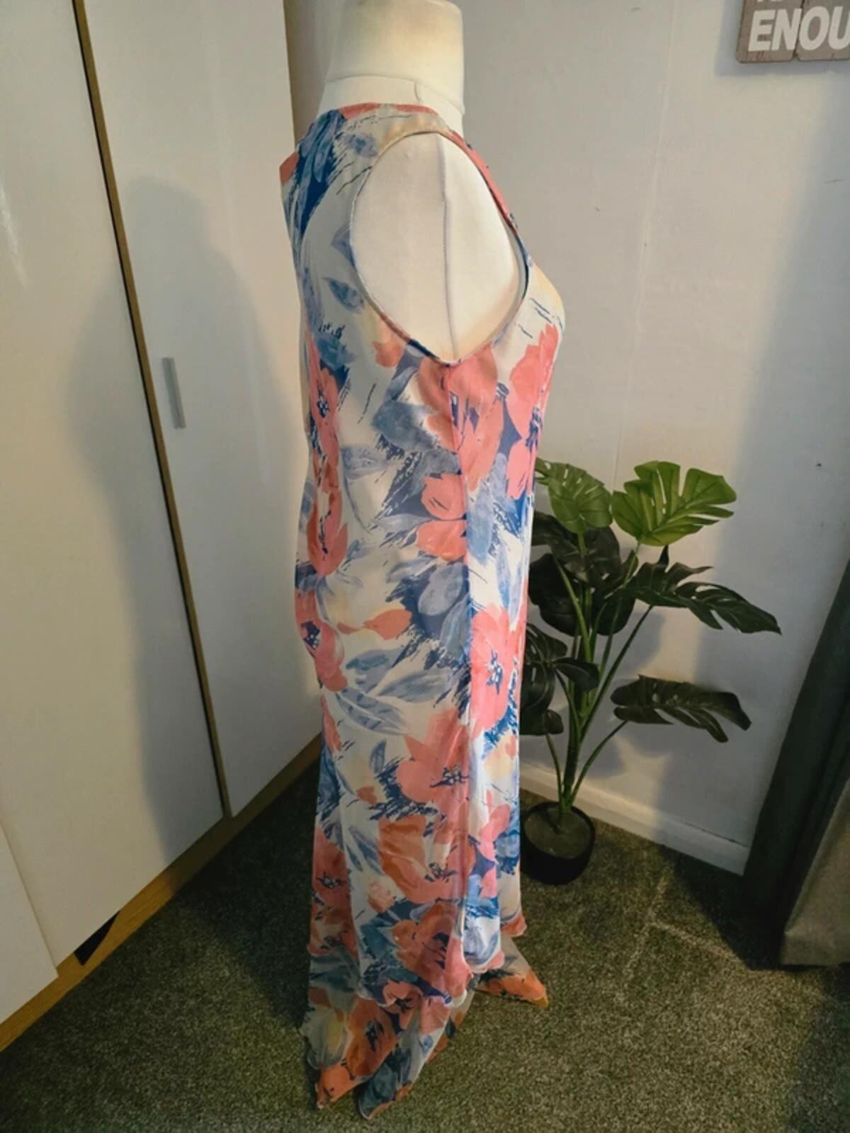 Adini Cream Pink & Blue Floral Sleeveless Midi Dress L Size 10-12